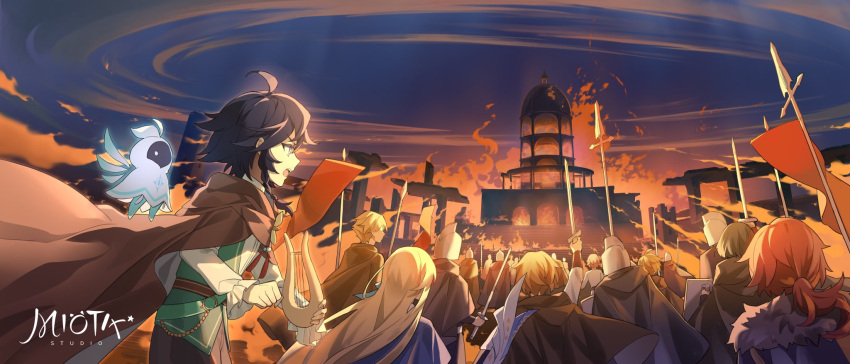 1other 6+boys 6+girls ahoge arm_up back bangs barbatos_(genshin_impact) belt black_belt black_hair blonde_hair blue_cloak blue_coat blue_sky braid brown_cape brown_cloak brown_hair brown_shorts cape chinese_commentary cloak clouds cloudy_sky coat commentary_request darkcatowo faceless fire flag flying fur-trimmed_hood fur_trim genshin_impact gradient gradient_sky green_vest grey_eyes grey_shirt hair_between_eyes hand_up helmet highres holding holding_instrument holding_shield holding_weapon hood hooded_coat instrument long_hair long_sleeves looking_to_the_side lyre multiple_boys multiple_girls night night_sky no_eyes no_headwear no_mouth open_mouth ponytail puffy_long_sleeves puffy_sleeves purple_sky redhead shield shirt short_hair shorts sky standing sword teeth tongue twin_braids v-shaped_eyebrows venti_(genshin_impact) vest weapon white_shirt