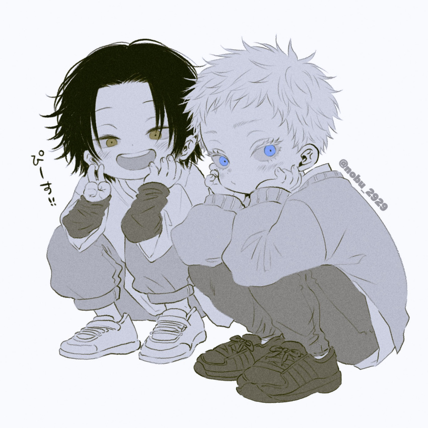 2boys aged_down black_hair blue_eyes child closed_mouth commentary_request getou_suguru gojou_satoru head_rest highres honey_bunny jujutsu_kaisen long_sleeves looking_at_viewer male_child male_focus multiple_boys open_mouth pants shirt shoes short_hair simple_background smile sneakers squatting twitter_username white_background white_hair yellow_eyes