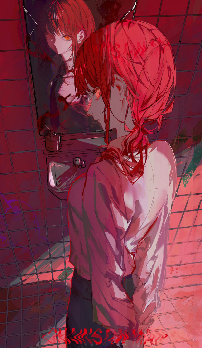 1girl arms_behind_back bangs bathroom black_necktie blood blood_on_mirror braid braided_ponytail chainsaw_man collared_shirt cracked_glass graffiti highres long_hair looking_at_viewer makima_(chainsaw_man) necktie pochita_(chainsaw_man) redhead reflection ringed_eyes shirt sidelocks sinister sink smile solo suimin_(sui_0y0) tile_wall tiles white_shirt yellow_eyes
