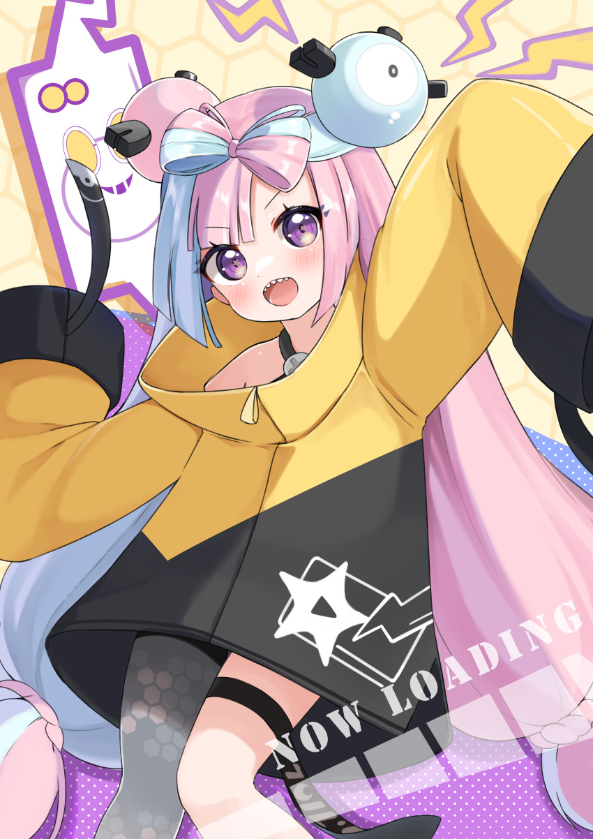 1girl :d absurdres atsuki_(pink0930cat) bangs black_shorts blue_hair blush character_hair_ornament commentary_request grey_pantyhose hair_ornament happy highres iono_(pokemon) jacket long_hair looking_at_viewer multicolored_hair open_mouth pantyhose pokemon purple_hair shorts single_leg_pantyhose smile solo teeth thigh_strap tongue twintails two-tone_hair violet_eyes yellow_jacket