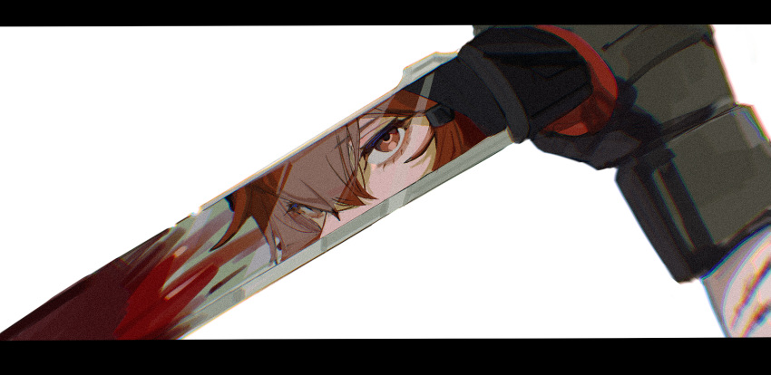 1girl arknights black_gloves blood blood_on_weapon crownslayer_(arknights) gloves highres holding holding_sword holding_weapon letterboxed pov red_eyes redhead reflection simple_background solo sword watanabe_kawa weapon white_background
