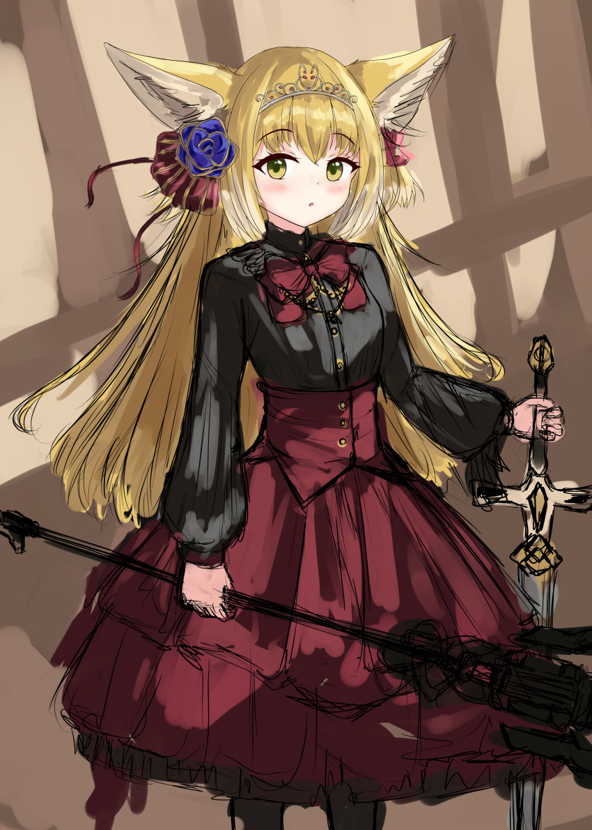 1girl :o absurdres animal_ear_fluff animal_ears arknights bangs black_pantyhose black_shirt blonde_hair blue_flower blush bow commentary english_commentary flower fox_ears green_eyes hair_between_eyes hair_flower hair_ornament highres holding holding_polearm holding_sword holding_weapon long_hair long_sleeves looking_at_viewer multicolored_hair pantyhose parted_lips polearm puffy_long_sleeves puffy_sleeves red_bow red_skirt rylaera shirt sketch skirt solo spear standing suzuran_(arknights) sword tiara two-tone_hair very_long_hair weapon white_hair