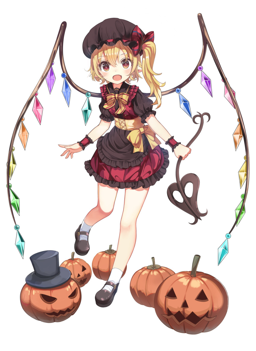 1girl :o alternate_color apron bangs black_apron black_footwear black_headwear black_shirt blonde_hair bow bowtie commentary crystal fang flandre_scarlet frilled_skirt frills full_body hair_between_eyes hat hat_bow highres jack-o'-lantern laevatein_(touhou) long_hair looking_at_viewer mary_janes mob_cap one_side_up open_mouth otomo_no_sachi pointy_ears puffy_short_sleeves puffy_sleeves pumpkin red_bow red_eyes red_skirt red_vest shirt shoes short_sleeves simple_background skin_fang skirt socks solo top_hat touhou vest waist_apron white_background white_socks wings wrist_cuffs yellow_bow yellow_bowtie
