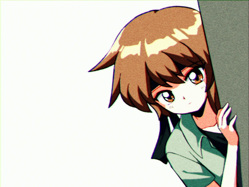 1990s_(style) 1other androgynous atoymk black_headband black_shirt brown_eyes brown_hair closed_mouth collared_shirt commentary_request green_shirt headband kurohebi len'en open_clothes open_shirt peeking_out retro_artstyle shirt short_sleeves simple_background solo white_background
