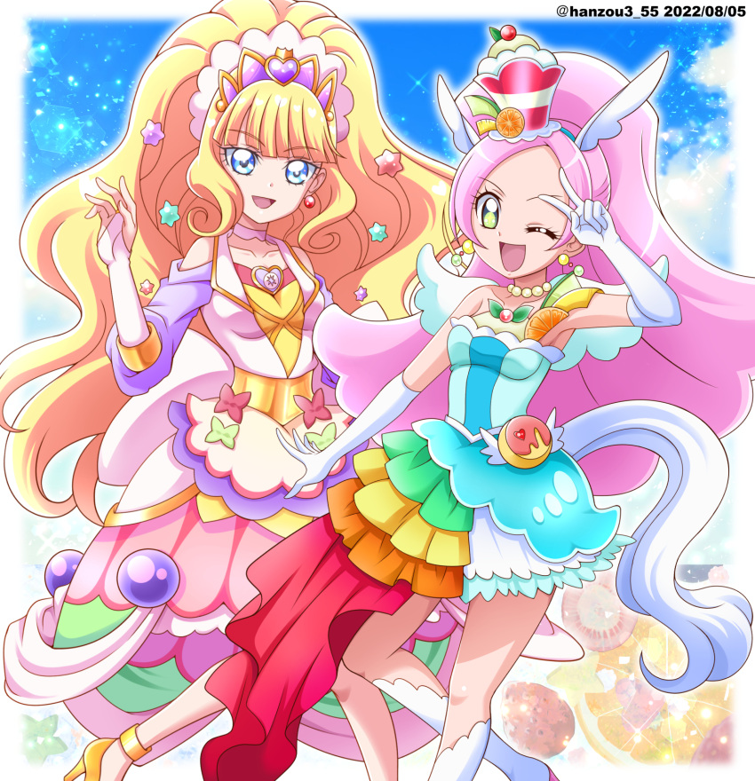 2022 2girls :d ;d animal_ears armpits blonde_hair blue_eyes blue_hairband blush bridal_gauntlets choker clothing_cutout collarbone cure_finale cure_parfait dated delicious_party_precure diadem dress elbow_gloves fake_animal_ears gloves green_eyes hairband hanzou hat high_heels high_ponytail highres horse_ears horse_tail jewelry kasai_amane kirahoshi_ciel kirakira_precure_a_la_mode layered_dress layered_skirt long_dress long_hair looking_at_viewer magical_girl mini_hat miniskirt multiple_girls necklace one_eye_closed pink_choker pink_hair precure pumps shoulder_cutout skirt smile socks standing tail twitter_username very_long_hair white_gloves white_socks yellow_footwear