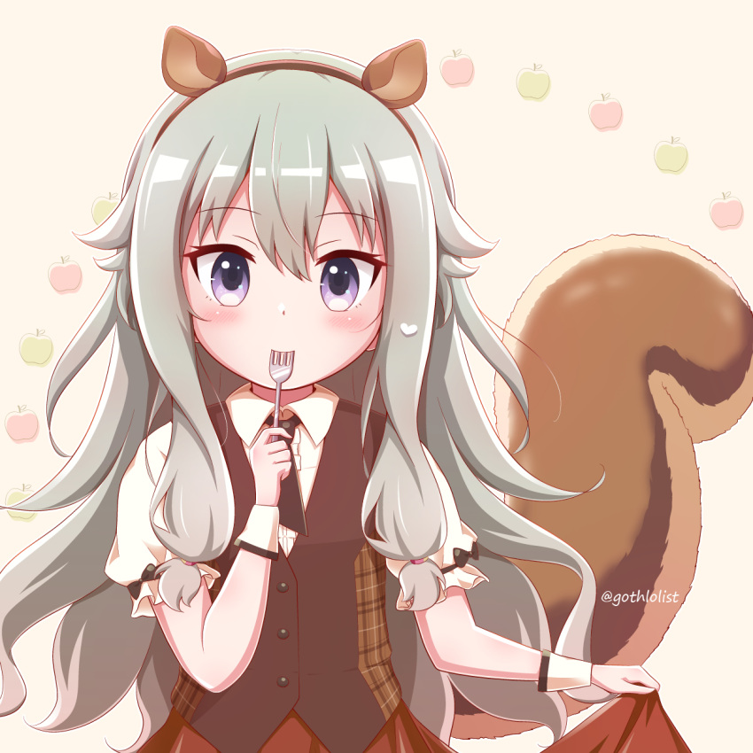1girl animal_ears bangs black_hairband blush brown_background brown_vest center_frills collared_shirt commentary_request fake_animal_ears fork frills goth_risuto grey_hair hair_between_eyes hairband hand_up highres holding holding_fork kusanagi_nene long_hair looking_at_viewer project_sekai puffy_short_sleeves puffy_sleeves red_skirt shirt short_sleeves simple_background skirt solo squirrel_ears squirrel_girl squirrel_tail tail twitter_username very_long_hair vest violet_eyes white_shirt wonderlands_x_showtime_(project_sekai)