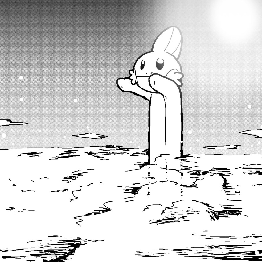 axolotl closed_mouth clouds greyscale highres long_body longcat_(meme) meme monochrome mudkip pis_row pokemon pokemon_(creature) sky sun