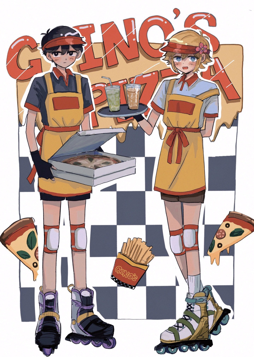 2boys :d apron arm_behind_back basil_(omori) black_eyes black_gloves black_hair blonde_hair blue_eyes blush box bright_pupils closed_mouth collared_shirt cup drinking_straw expressionless fingerless_gloves flower food french_fries gloves hair_flower hair_ornament highres holding holding_box holding_tray knee_pads looking_at_viewer multiple_boys omori open_mouth pizza pizza_box red_headwear roller_skates shirt short_hair short_sleeves skates smile socks sunny_(omori) sw8k_4 tray white_pupils white_shirt yellow_apron