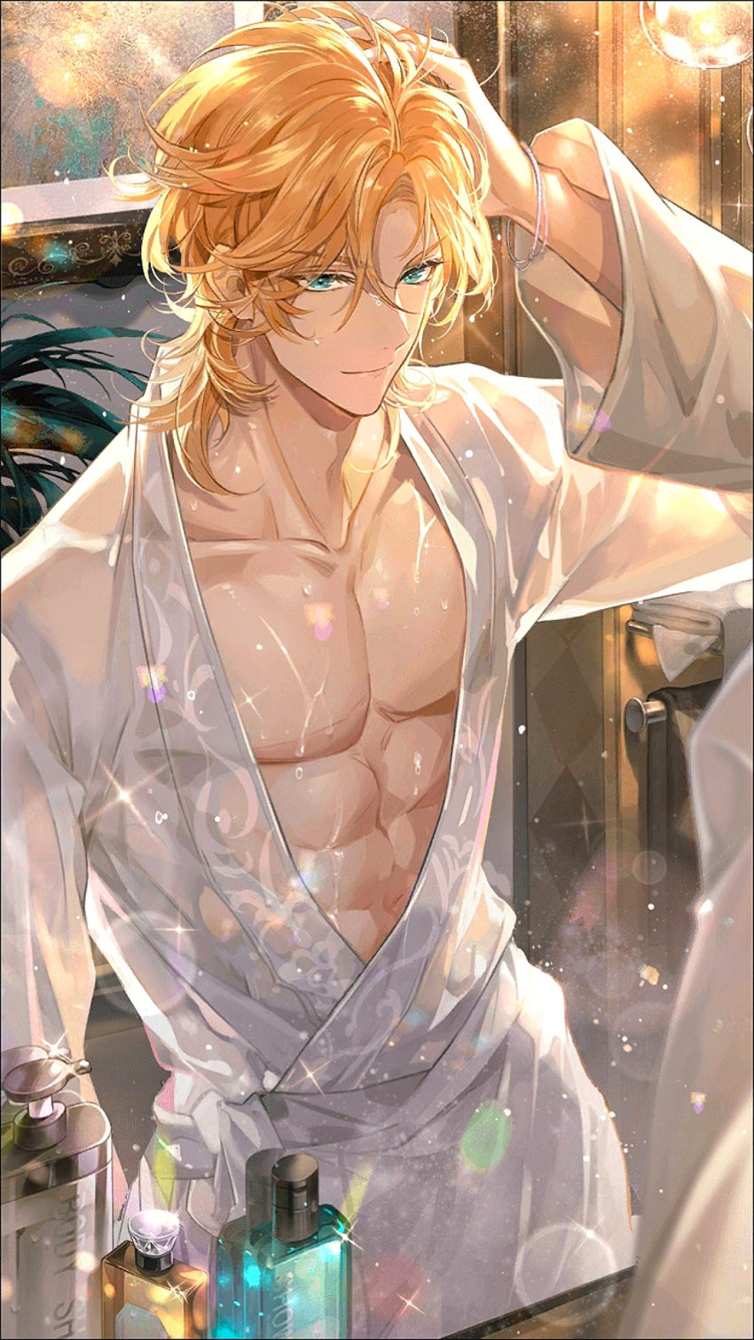 1boy abs aqua_eyes bangs bathrobe blonde_hair bottle bracelet cowboy_shot door for_all_time hand_on_own_head highres jewelry lens_flare looking_at_mirror luo_xia male_focus mirror parted_bangs perfume_bottle picture_frame plant reflection short_hair smile solo sparkle toned toned_male towel wet zhenzhibang149