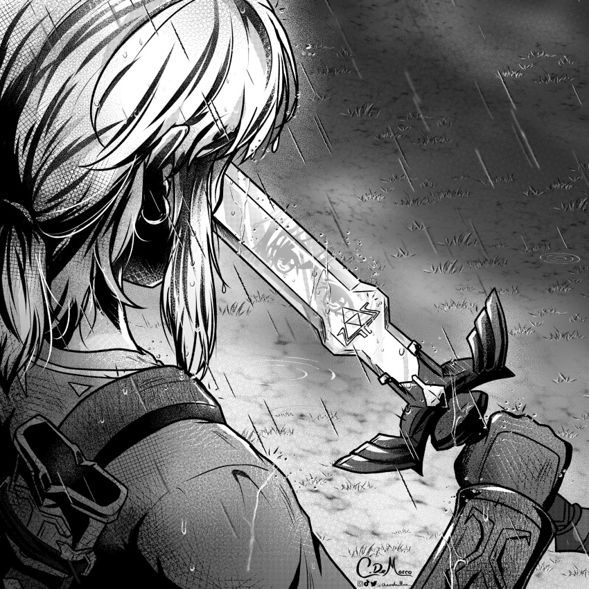 1boy bishounen chaendeulleo english_commentary eye_reflection faceless faceless_male grass highres holding holding_sword holding_weapon link male_focus master_sword monochrome rain reflection sheath signature solo sword the_legend_of_zelda the_legend_of_zelda:_breath_of_the_wild triforce weapon wet wet_clothes wet_hair