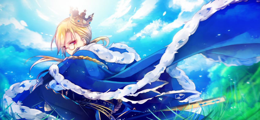 1boy aiguillette belt black_pants blonde_hair blue_belt blue_cape cape clouds covered_mouth crown curtained_hair day feet_out_of_frame from_side fugou_arthur fur-trimmed_cape fur_trim grass kai-ri-sei_million_arthur kirisame_(akitowtk) long_hair looking_at_viewer looking_to_the_side low_ponytail male_focus million_arthur_(series) monocle on_ground pants red_eyes sitting solo tilted_headwear wind