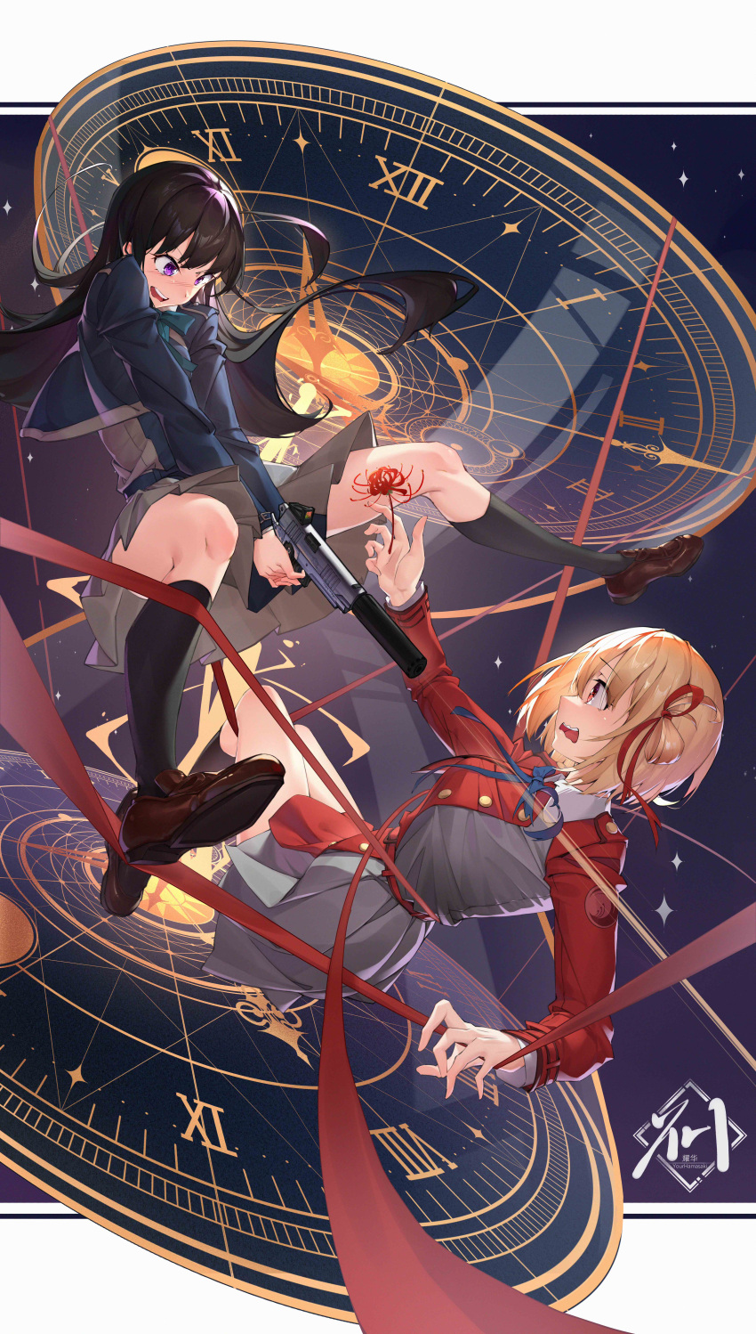 2girls absurdres blush breasts clock dress embarrassed floating flower highres holding holding_clothes holding_dress inoue_takina large_breasts looking_at_another looking_down looking_up lycoris_recoil lycoris_uniform multiple_girls nishikigi_chisato scared small_breasts socks spider_lily