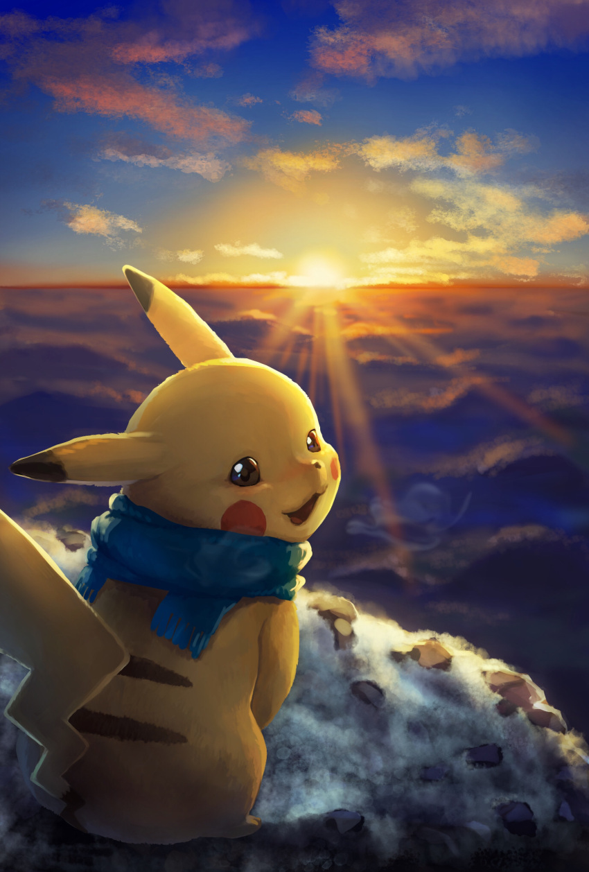 blue_scarf chinese_zodiac highres kanopikami looking_at_viewer looking_back no_humans outdoors pikachu pokemon pokemon_(creature) scarf solo standing sunlight sunrise year_of_the_rat