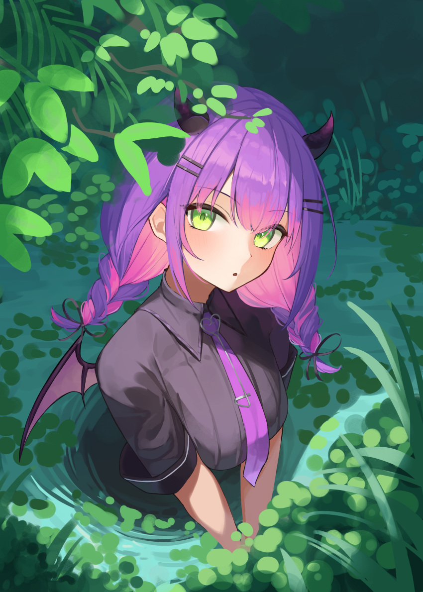 1girl absurdres black_ribbon braid collared_shirt colored_inner_hair demon_girl demon_horns demon_wings green_eyes grey_shirt hair_ornament hair_ribbon hairclip highres holoforce hololive horns long_hair looking_at_viewer multicolored_hair outdoors partially_submerged pink_hair plant pond purple_hair ribbon shirt sidelocks sl10_d solo streaked_hair tokoyami_towa twin_braids twintails v_arms virtual_youtuber water wings