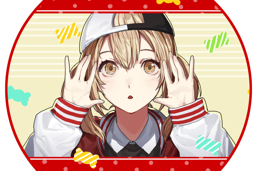 1girl :o azusawa_kohane backwards_hat bangs baseball_cap blonde_hair brown_eyes candy_wrapper carol0905 eyelashes hair_between_eyes hat highres jacket letterman_jacket long_sleeves looking_at_viewer project_sekai shirt short_twintails solo twintails white_shirt