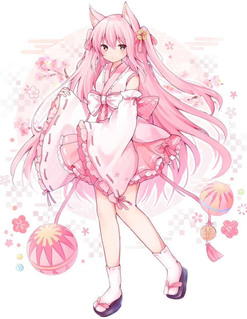 1girl animal_ears bow character_request cherry_blossoms copyright_request full_body hair_ornament highres japanese_clothes kokoshira_0510 long_hair miko pink_eyes pink_hair pink_socks socks twintails very_long_hair