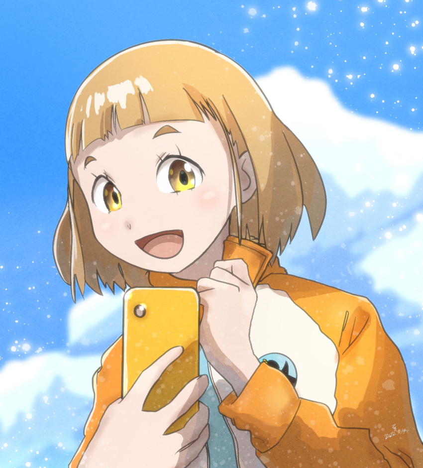 1girl :d bangs blue_sky blunt_bangs brown_hair cellphone clenched_hand clouds dated highres jacket long_sleeves looking_at_viewer phone short_hair sky smartphone smile solo sora_yori_mo_tooi_basho tamaki_mari terry_lydiment yellow_eyes