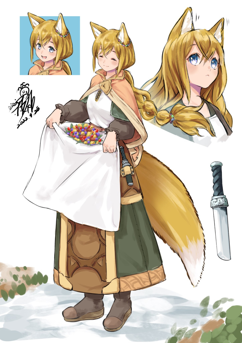 1girl :d animal_ears apron apron_basket bangs black_footwear blonde_hair blue_eyes boots braid brown_capelet capelet closed_eyes closed_mouth commentary commentary_request dagger dated fox_ears fox_girl fox_tail green_skirt hair_between_eyes high-waist_skirt highres knife long_hair long_sleeves multiple_views original puffy_long_sleeves puffy_sleeves shirt signature single_braid skirt sleeves_past_wrists smile symbol-only_commentary tail very_long_hair weapon white_apron white_background white_shirt yoshitatsu_ousuke