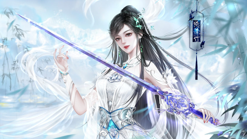 1girl absurdres bamboo black_hair china_dress chinese_clothes dress earrings facial_mark forehead_mark hair_ornament highres holding holding_sword holding_weapon jewelry jiu_bai_1212 ling_qingzhu_(wu_dong_qian_kun) long_hair outdoors parted_lips ponytail pose sash second-party_source see-through see-through_sleeves solo sword teeth weapon wu_dong_qian_kun