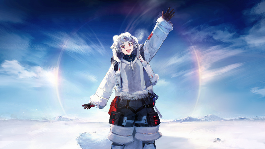 1boy :d absurdres arknights black_gloves black_shorts blue_sky day feet_out_of_frame fox_boy fox_tail fringe_trim fur-trimmed_jacket fur-trimmed_sleeves fur_trim gloves grey_hair grey_jacket grey_shirt highres hood hood_up hooded_jacket horizon jacket long_sleeves looking_at_viewer open_mouth outdoors pouch qanipalaat_(arknights) red_eyes shirt short_hair shorts sky smile solo standing sun_halo tail waving yyb