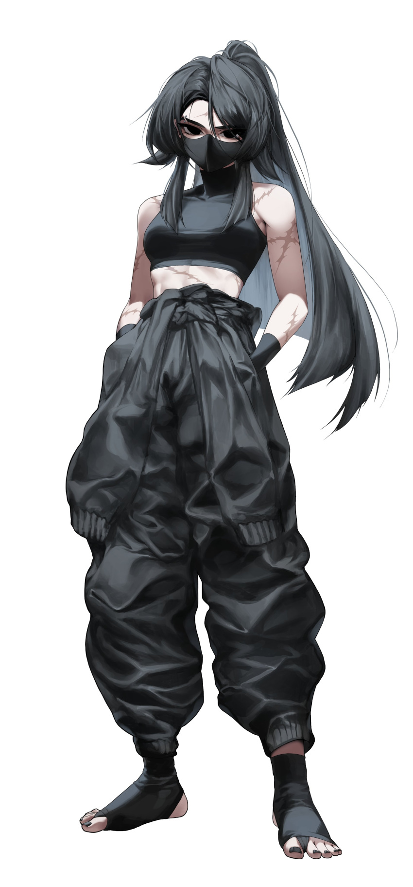 1girl abs absurdres baggy_pants black_eyes black_hair eyebrow_piercing full_body hands_in_pockets highres mask mole mole_under_eye mouth_mask multicolored_hair multiple_scars no_shoes original pants piercing ponytail scar scar_on_arm scar_on_face scar_on_forehead scar_on_stomach sports_bra toes two-tone_hair white_background white_hair yohu08