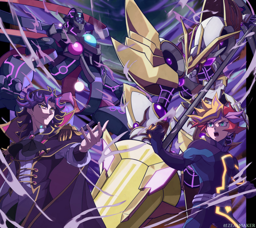 2boys absurdres accesscode_talker ai_(yu-gi-oh!) armor ascot black_hair blonde_hair bodysuit cape closed_mouth duel_monster earrings epaulettes fujiki_yuusaku green_eyes highres holding holding_polearm holding_scythe holding_weapon jewelry lance long_sleeves mecha medium_hair multicolored_hair multiple_boys open_mouth outstretched_arm playmaker polearm purple_hair redhead robot scythe streaked_hair the_arrival_cyberse_@ignister twitter_username weapon yellow_eyes yu-gi-oh! yu-gi-oh!_vrains zealmaker
