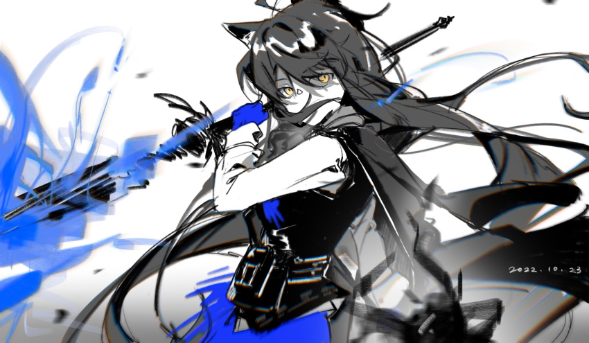 1girl animal_ears arknights bangs black_cape black_hair black_vest blue_gloves brown_eyes cape commentary_request dated floating_hair gloves hair_between_eyes hewu639356 highres holding holding_sword holding_weapon long_hair long_sleeves looking_at_viewer monochrome parted_bangs shirt sketch sleeveless sleeveless_shirt solo sword texas_(arknights) texas_the_omertosa_(arknights) very_long_hair vest weapon white_shirt