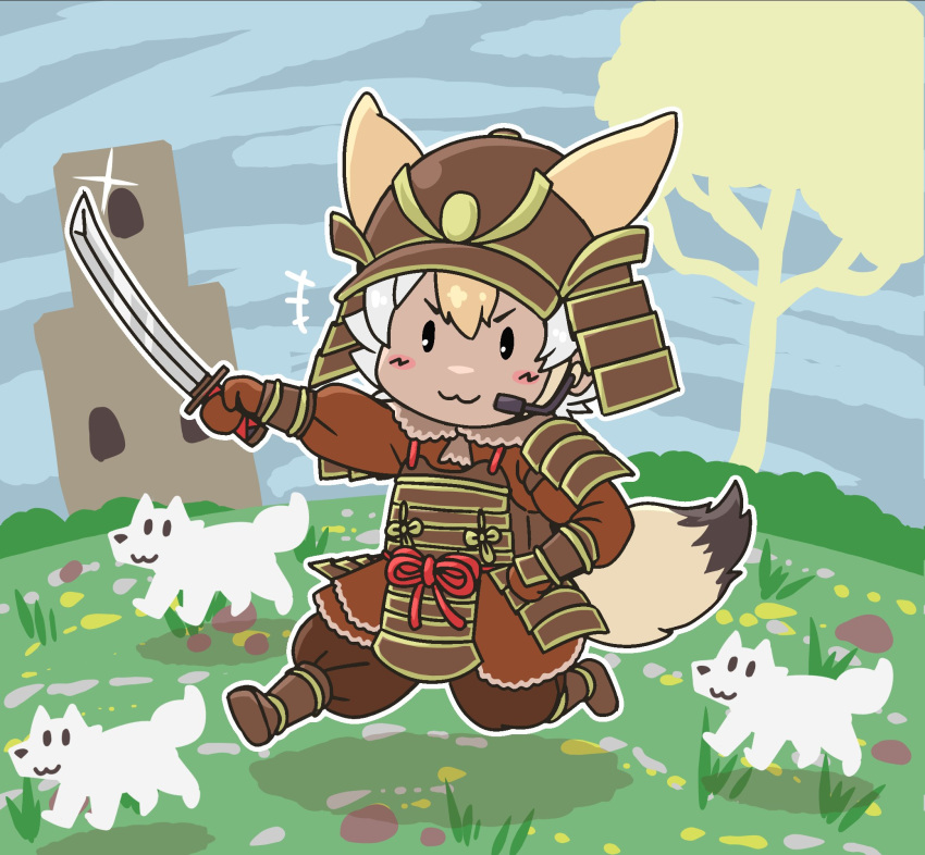 1girl acesrulez animal animal_ear_fluff animal_ears armor blonde_hair coyote_(kemono_friends) elden_ring highres katana kemono_friends kemono_friends_v_project microphone multicolored_hair nature parody running samurai short_hair sword tail tree virtual_youtuber weapon wolf wolf_ears wolf_girl wolf_tail