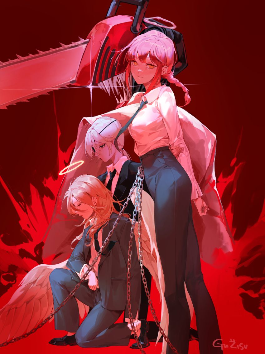 2boys 2girls absurdres angel_devil_(chainsaw_man) angel_wings arm_behind_back black_coat black_footwear black_jacket black_necktie black_pants blonde_hair blood blood_splatter braid braided_ponytail chain chainsaw chainsaw_man closed_eyes coat collared_shirt denji_(chainsaw_man) english_commentary eyepatch feet_out_of_frame formal full_body halo highres holding_own_arm jacket kyeongsu_lee long_hair looking_down makima_(chainsaw_man) multiple_boys multiple_girls necktie one_knee orange_hair pants quanxi_(chainsaw_man) red_background red_theme redhead ringed_eyes shirt shirt_tucked_in signature smile standing suit white_shirt wing_collar wings yellow_eyes