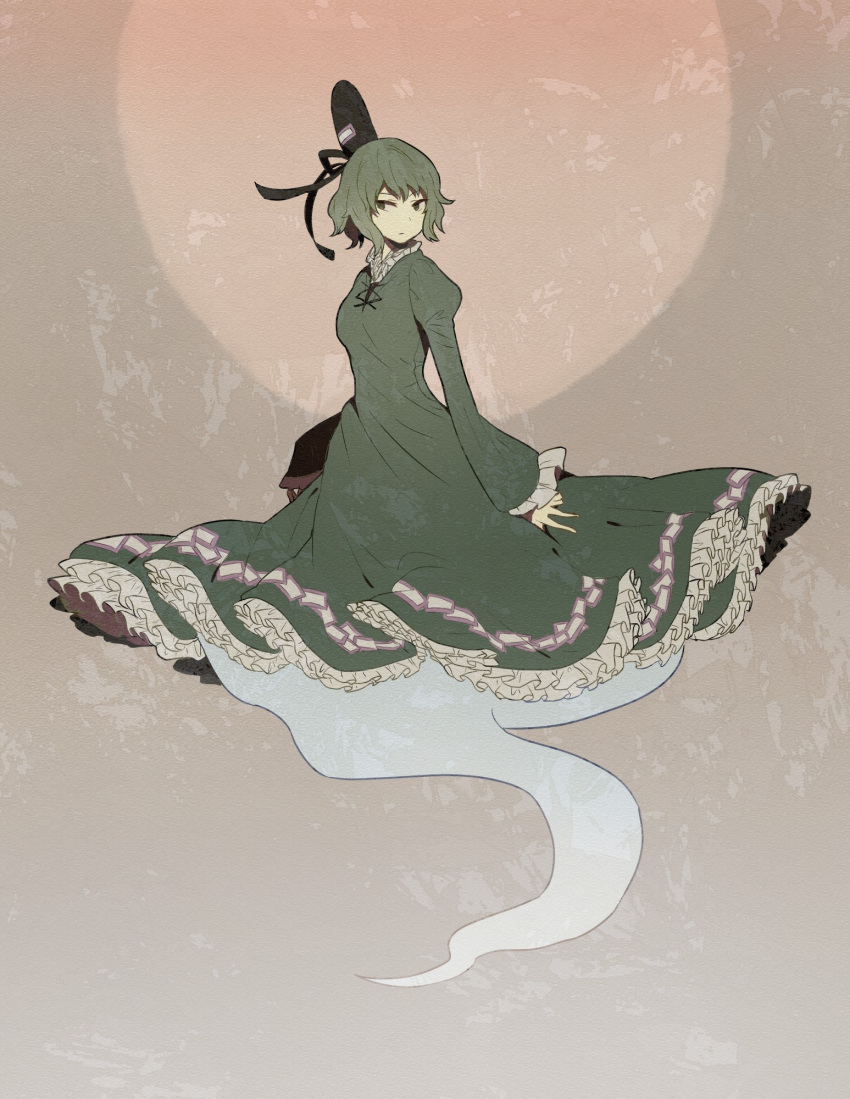 1girl black_headwear closed_mouth cross-laced_clothes dress frilled_dress frills full_body full_moon ghost ghost_tail green_dress green_eyes grey_background hat highres juliet_sleeves long_sleeves looking_at_viewer moon ofuda ofuda_on_clothes puffy_sleeves qn8bagux7t76edx soga_no_tojiko solo tate_eboshi touhou