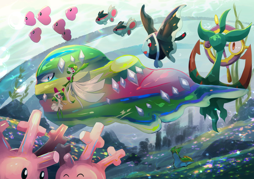 2girls ^_^ absurdres alolan_muk arm_up bangs black_eyes blue_eyes bob_cut bright_pupils bubble caustics closed_eyes colored_sclera colored_skin commentary_request corsola dhelmise finneon fish from_side full_body gardevoir gastrodon gastrodon_(east) green_hair green_skin hair_over_one_eye half-closed_eyes happy highres kirlia looking_up lumineon medium_hair multicolored_skin multiple_girls one-eyed one_eye_covered open_mouth outstretched_arm pokemon pokemon_(creature) profile red_eyes red_sclera sax_(sax_e) seaweed shiny shiny_hair short_hair sidelocks slime_(creature) smile standing swimming transparent two-tone_skin underwater vore white_pupils white_skin