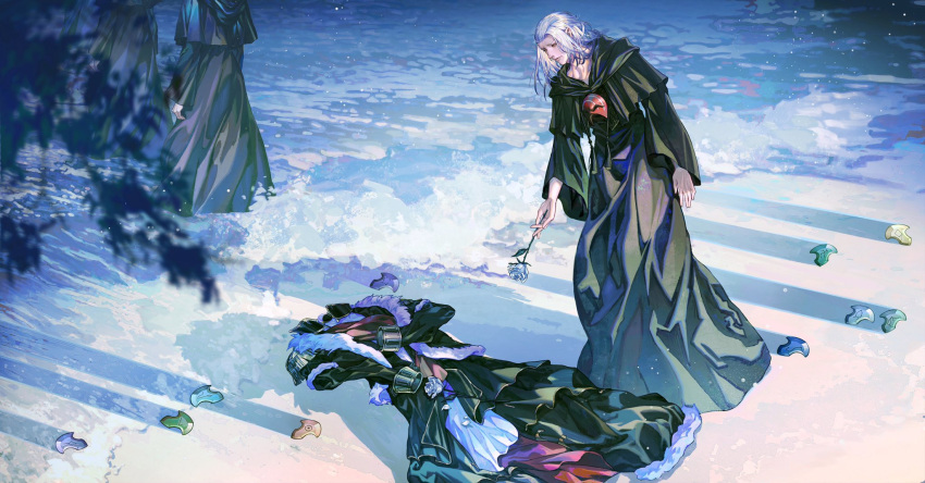 1boy 3others ambiguous_gender black_capelet black_coat black_robe blue_flower blue_rose blurry capelet clothes_on_floor coat collarbone commentary crystal depth_of_field different_shadow emet-selch english_commentary epaulettes final_fantasy final_fantasy_xiv flower from_side fur-trimmed_coat fur_trim hair_pulled_back highres holding holding_flower hood hood_down hooded_capelet leaf long_sleeves male_focus mask mask_around_neck mask_removed multiple_others outdoors realistic robe rose short_hair solo_focus tassel walking water white_hair wide_shot wide_sleeves yellow_eyes yzrirido