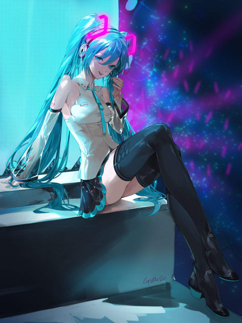 1girl absurdres aqua_eyes aqua_hair arm_support black_footwear black_skirt black_thighhighs blue_neckerchief breasts crossed_ankles detached_sleeves english_commentary frilled_sleeves frills full_body glowstick hand_up hatsune_miku headphones headset high_heels highres kyeongsu_lee leaning_back long_hair loose_neckerchief neckerchief pleated_skirt see-through see-through_sleeves shirt signature sitting skirt sleeveless sleeveless_shirt small_breasts smile solo sparkle thigh-highs twintails vocaloid white_shirt wotagei