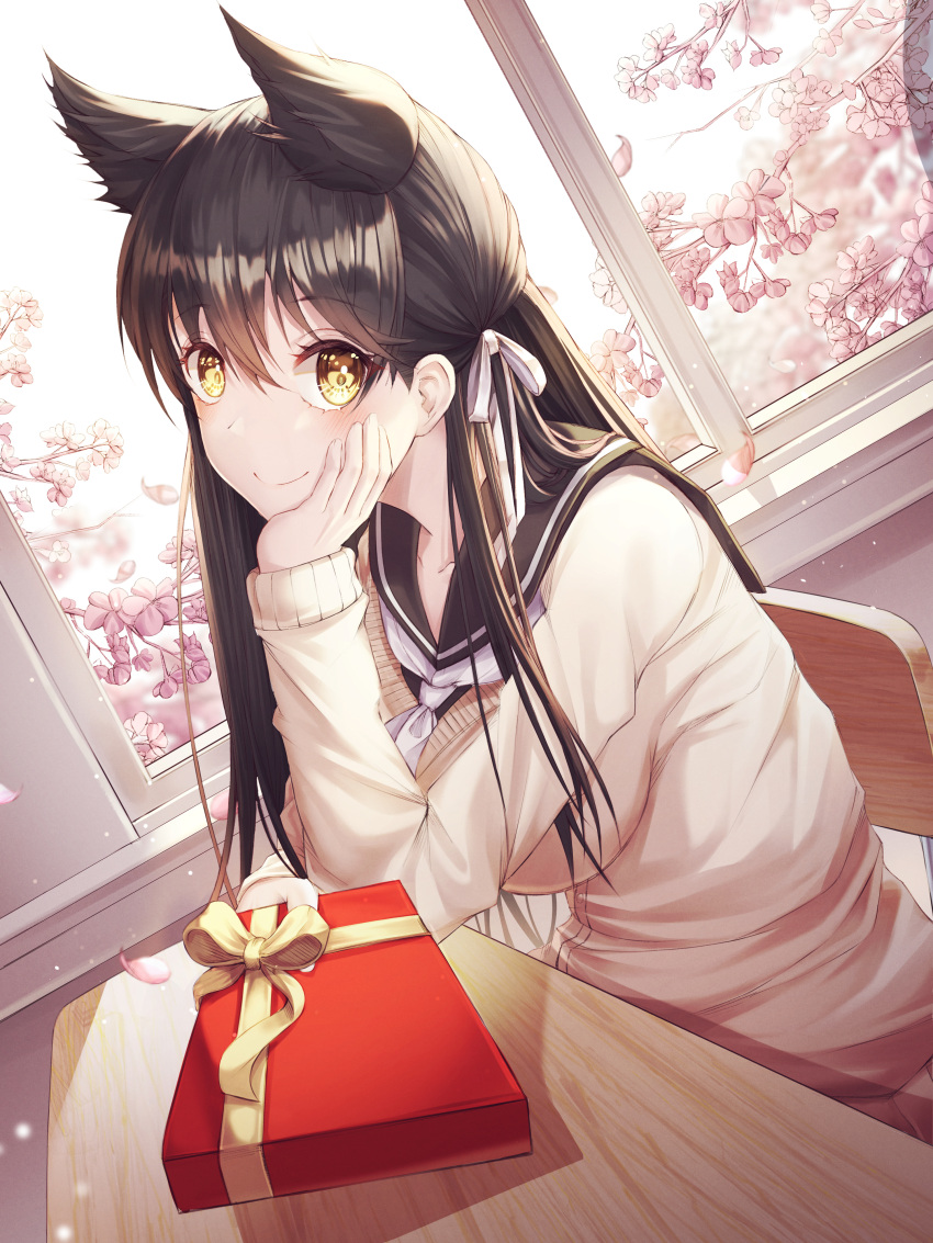 1girl absurdres animal_ears atago_(azur_lane) atago_(school_traumerei)_(azur_lane) azur_lane backlighting bangs black_hair black_sailor_collar blush cherry_blossoms closed_mouth collarbone desk dutch_angle fox_ears gift giving hand_on_own_face head_rest highres holding holding_gift hyangu looking_at_viewer on_chair sailor_collar school_uniform shirt sidelocks sitting smile solo valentine window yellow_eyes yellow_shirt