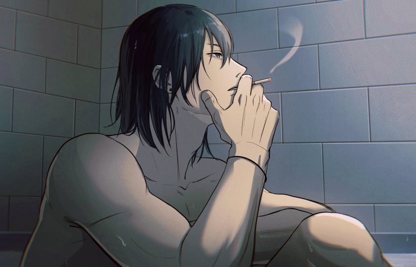 bathing bathtub black_hair blue_eyes chainsaw_man cigarette hair_down hayakawa_aki highres smoking yunonoai
