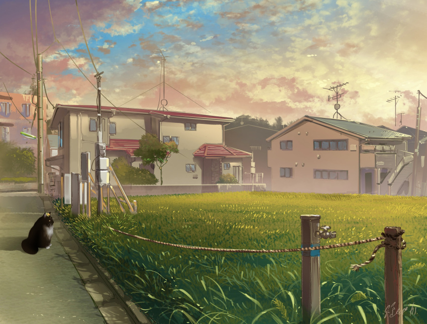 black_cat cat clouds day faucet grass hachiya_shohei highres house original outdoors power_lines rope scenery