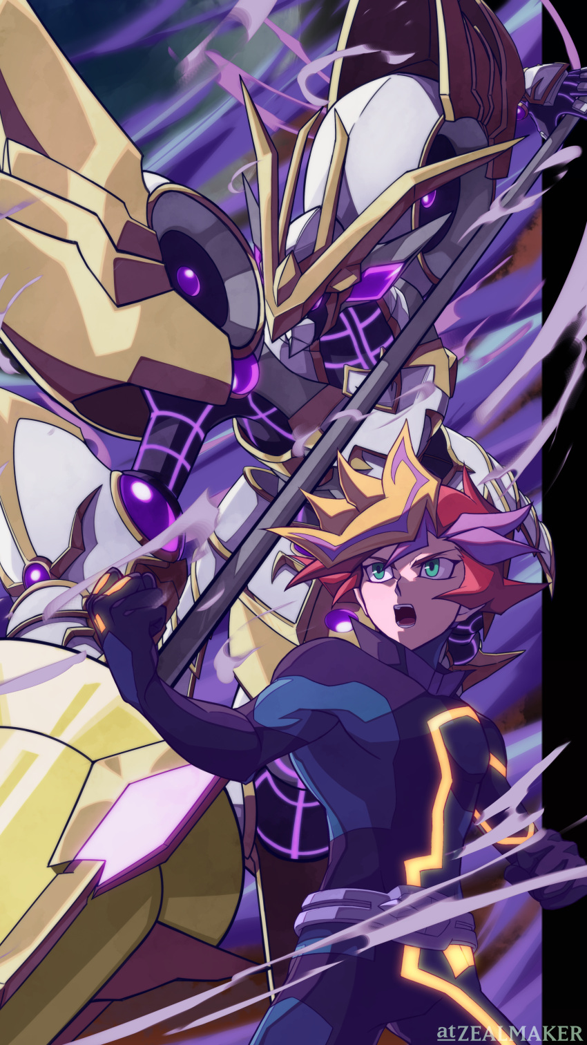 1boy absurdres accesscode_talker armor blonde_hair bodysuit duel_monster fujiki_yuusaku green_eyes highres holding holding_polearm holding_weapon lance multicolored_hair open_mouth playmaker polearm purple_hair redhead solo_focus streaked_hair twitter_username weapon yu-gi-oh! yu-gi-oh!_vrains zealmaker