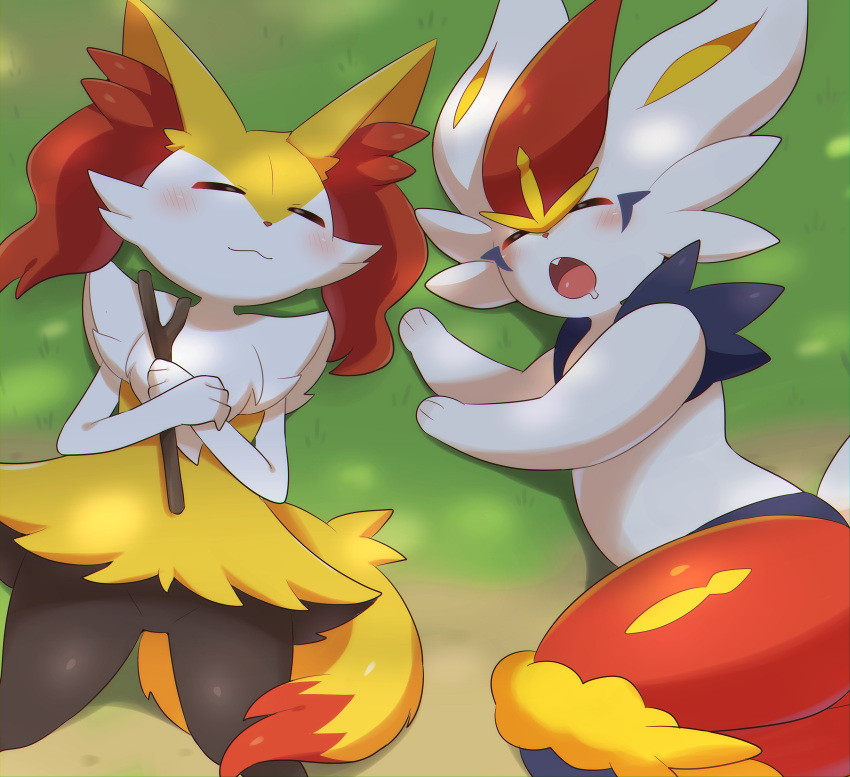 2girls :3 absurdres animal_ear_fluff animal_ears animal_nose black_fur blue_fur blush body_fur braixen buck_teeth chromatic_aberration cinderace closed_eyes closed_mouth commentary_request crossed_arms dappled_sunlight day drooling flat_chest fox_ears fox_girl fox_tail from_above fur_collar furry furry_female grass green_background hands_up happy highres holding holding_stick lying multicolored_fur multiple_girls on_back on_ground on_side open_mouth outdoors own_hands_together partial_commentary pokemon pokemon_(creature) rabbit_ears rabbit_girl rabbit_tail red_fur redhead saliva short_hair sleeping smile stick subaru331 sunlight tail teeth thick_thighs thighs white_fur yellow_fur