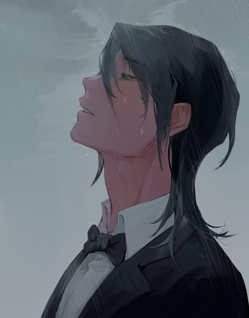 1boy bangs black_bow black_bowtie black_hair black_jacket bow bowtie chinese_commentary clouds cloudy_sky commentary_request dark green_eyes highres jacket k9buchiyu leonard_mitchell looking_up lord_of_the_mysteries medium_hair parted_lips shirt sky solo teeth water_drop wet wet_clothes wet_hair white_shirt
