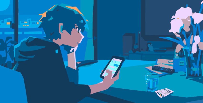 1boy absurdres bangs blue_hair blue_hoodie blue_theme cellphone closed_mouth commentary controller cup drinking_glass english_commentary flat_color flower from_side fujimi_(brand) game_controller hand_on_own_chin head_rest highres holding holding_phone hood hood_down hoodie light_smile limited_palette long_sleeves looking_away male_focus night night_sky no_lineart original phone ponsuke_kaikai remote_control short_hair sitting sky smartphone solo stuffed_animal stuffed_penguin stuffed_toy television upper_body white_flower