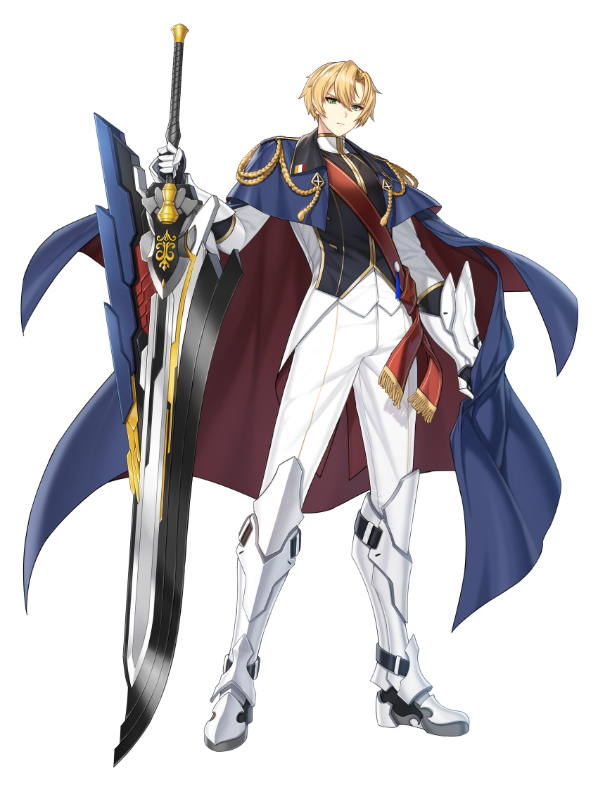 1boy absurdres arm_guards armor bangs blonde_hair clareth_(counter:side) counter:side full_body greaves green_eyes highres holding holding_sword holding_weapon huge_weapon jacket leg_armor long_sleeves official_art pants parted_bangs planted planted_sword sabaton sash short_hair shoulder_sash solo standing sword tachi-e v-shaped_eyebrows weapon white_background white_jacket white_pants