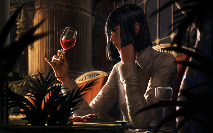 1girl alcohol bangs black_hair blurry blurry_background blurry_foreground chair collared_shirt cup depth_of_field drinking_glass food from_side guweiz hands_up highres holding holding_cup long_sleeves looking_away on_chair original plate profile shirt sitting solo table thick_eyebrows upper_body white_shirt wine wine_glass
