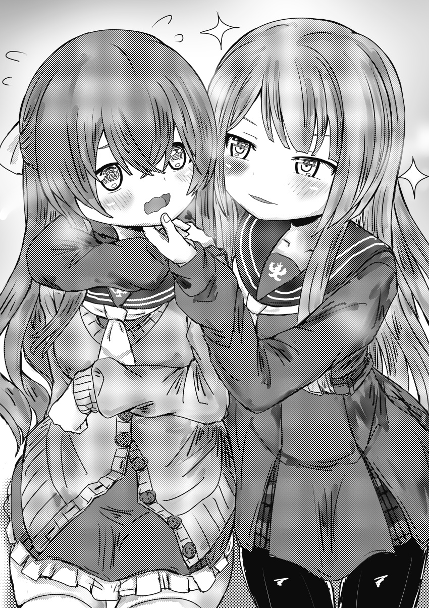 2girls @_@ absurdres ao_daidai_ki arm_around_neck arm_behind_back arm_under_breasts assault_lily bangs blush bow buttons cardigan commentary cowboy_shot crossed_bangs fate_(series) flying_sweatdrops gradient gradient_background grey_background greyscale hair_between_eyes hair_bow half_updo halftone hand_on_another's_chin hand_on_another's_shoulder hands_up heavy_breathing high-waist_skirt highres kanba_girls_high_school_uniform long_hair long_sleeves looking_at_another looking_away looking_to_the_side miniskirt miyagawa_takane monochrome multiple_girls necktie pantyhose parted_lips partially_unbuttoned plaid plaid_skirt sailor_collar school_uniform shirt short_necktie side-by-side sidelocks skirt smile sparkle standing thigh-highs toki_kureha v-shaped_eyebrows very_long_hair wavy_mouth yuri zettai_ryouiki