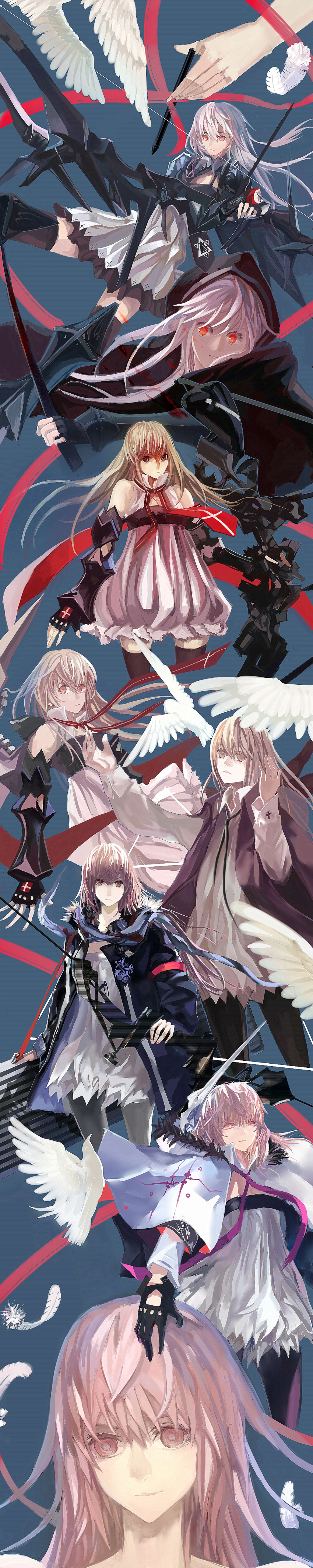 4girls absurdres angel_wings armor bangs berlinetta_(pixiv_fantasia) black_thighhighs blue_background borrowed_character bow_(weapon) commentary disembodied_limb dress feathers highres holding holding_bow_(weapon) holding_weapon incredibly_absurdres long_hair multiple_girls multiple_persona multiple_views pink_eyes pink_hair pixiv_fantasia pixiv_fantasia_5 pixiv_fantasia_fallen_kings pixiv_fantasia_new_world pixiv_fantasia_sword_regalia reiichiko simple_background sleeveless sleeveless_dress strapless strapless_dress string string_of_fate striped striped_background stylus tall_image thigh-highs weapon weapon_case white_dress wings