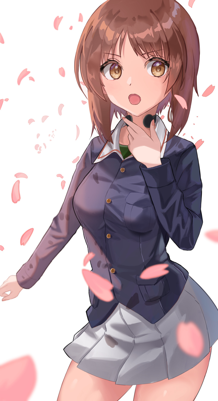 1girl :o absurdres blue_jacket brown_eyes brown_hair cherry_blossoms commentary cowboy_shot girls_und_panzer green_shirt happy_birthday highres jacket lazurite_(user_8870367) long_sleeves looking_at_viewer looking_to_the_side nishizumi_miho ooarai_military_uniform pleated_skirt shirt short_hair skirt solo throat_microphone white_skirt