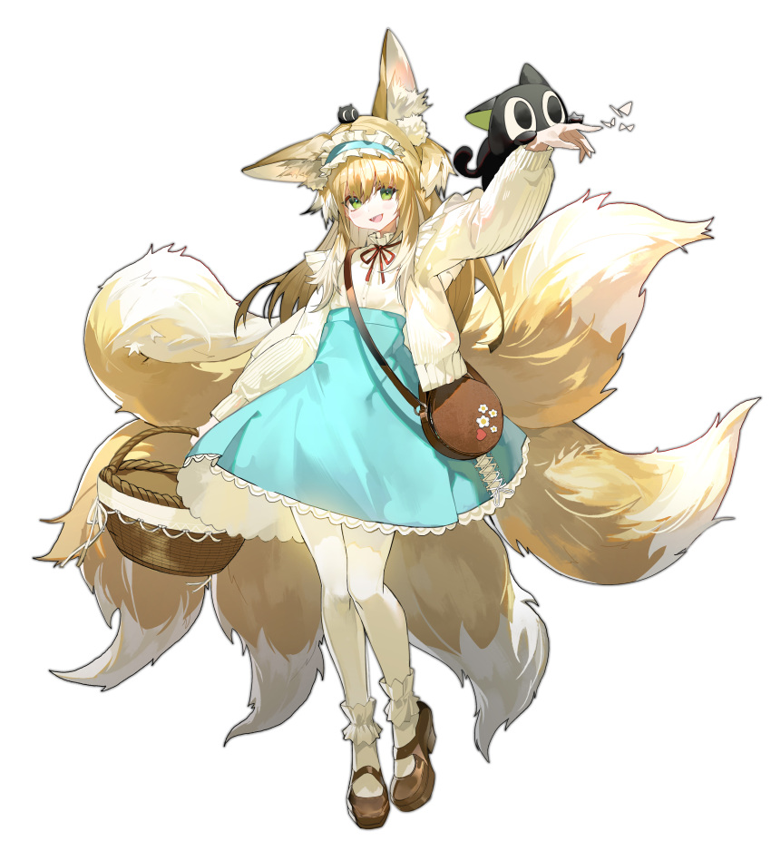 1girl absurdres animal_ear_fluff animal_ears animal_on_head arknights bag basket bijian_de_linghun black_cat blonde_hair blue_hairband blue_skirt brown_bag brown_footwear cardigan cat cat_on_head fang fox_ears fox_girl fox_tail frilled_hairband frills full_body green_eyes hair_down hairband heixiu high-waist_skirt highres holding holding_basket kitsune long_hair long_sleeves looking_at_viewer luoxiaohei multicolored_hair multiple_tails neck_ribbon on_head open_cardigan open_clothes open_mouth pantyhose red_ribbon ribbon satchel shirt shirt_tucked_in shoulder_bag simple_background skirt solo standing straight_hair streaked_hair suzuran_(arknights) suzuran_(spring_praise)_(arknights) tachi-e tail the_legend_of_luo_xiaohei white_background white_hair white_pantyhose white_shirt yellow_card