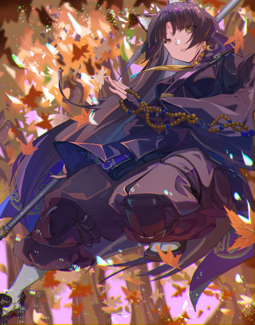 1girl animal_ear_fluff animal_ears arknights autumn autumn_leaves bangs beads black_gloves black_hair black_kimono black_pants closed_mouth day dog_ears facial_mark falling_leaves fingerless_gloves forehead_mark from_below gloves gugu_(guming304) highres japanese_clothes kimono knee_pads leaf long_hair long_sleeves looking_at_viewer looking_down maple_leaf medium_hair midair outdoors pants parted_bangs prayer_beads saga_(arknights) solo very_long_hair wide_sleeves yellow_eyes