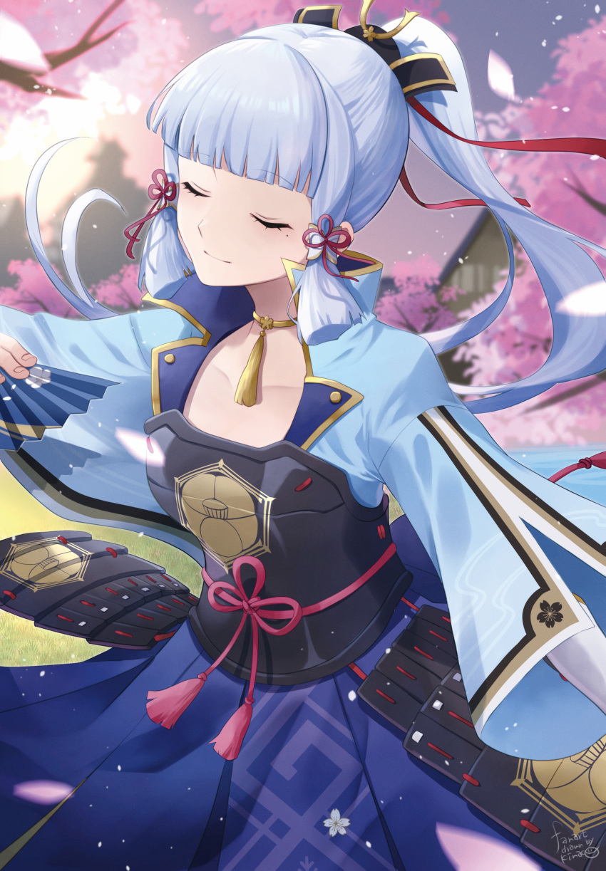 1girl absurdres armor bangs blue_hair breasts cherry_blossoms closed_mouth dancing eyebrows_hidden_by_hair falling_petals genshin_impact hair_ornament hair_ribbon hairband hand_fan highres holding holding_fan japanese_armor japanese_clothes jewelry kamisato_ayaka kimono kinaco_4738 long_hair necklace petals pony ponytail ribbon skirt smile solo