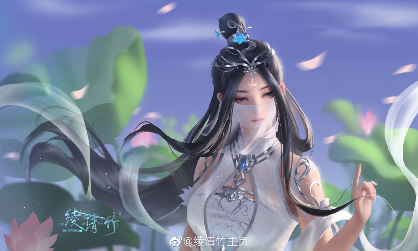 1girl absurdres black_hair blue_eyes blue_sky cleavage_cutout clothing_cutout da_pang_banbiantian dress facial_mark falling_petals flower forehead_mark hair_bun highres index_finger_raised lily_pad ling_qingzhu_(wu_dong_qian_kun) long_hair looking_to_the_side lotus petals second-party_source sky sleeveless solo sparkle upper_body white_dress wu_dong_qian_kun