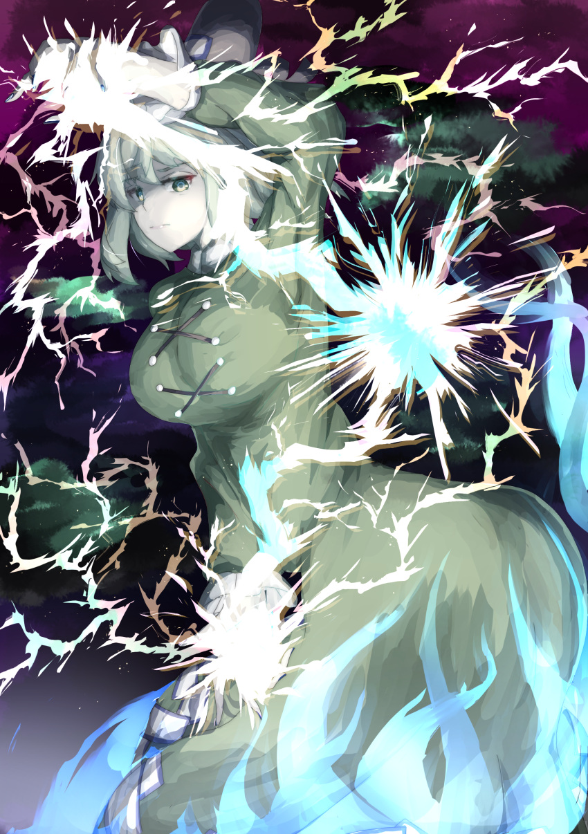 1girl absurdres arm_up breasts closed_mouth cross-laced_clothes dress electricity ghost_tail green_dress green_hair highres indatsukasa large_breasts long_hair looking_at_viewer ofuda ofuda_on_clothes short_hair soga_no_tojiko solo touhou